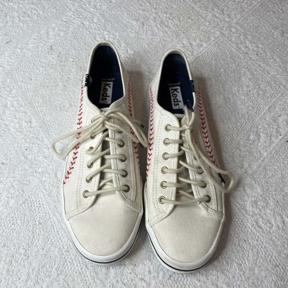 Keds Kickstart Baseball Canvas Sneakers Cream Red Stitching Womens Shoes